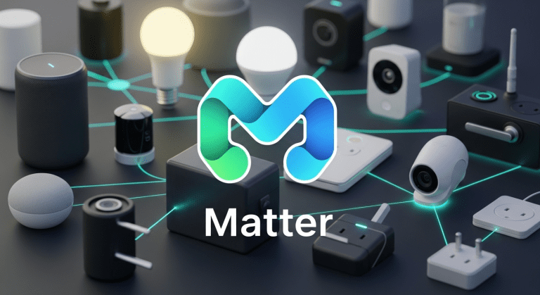 Que es matterr sobre un fondo de dispositivos de hogar inteligente interconectados.