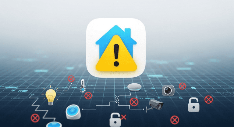 Icono de la app Casa de Apple con un símbolo de advertencia rojo, ilustrando problemas comunes de Apple HomeKit.