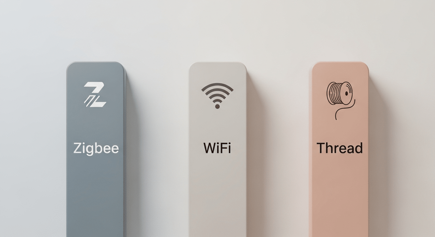 Comparativa de los protocolos de domótica Zigbee, WiFi y Thread, mostrando su conexión con dispositivos inteligentes.