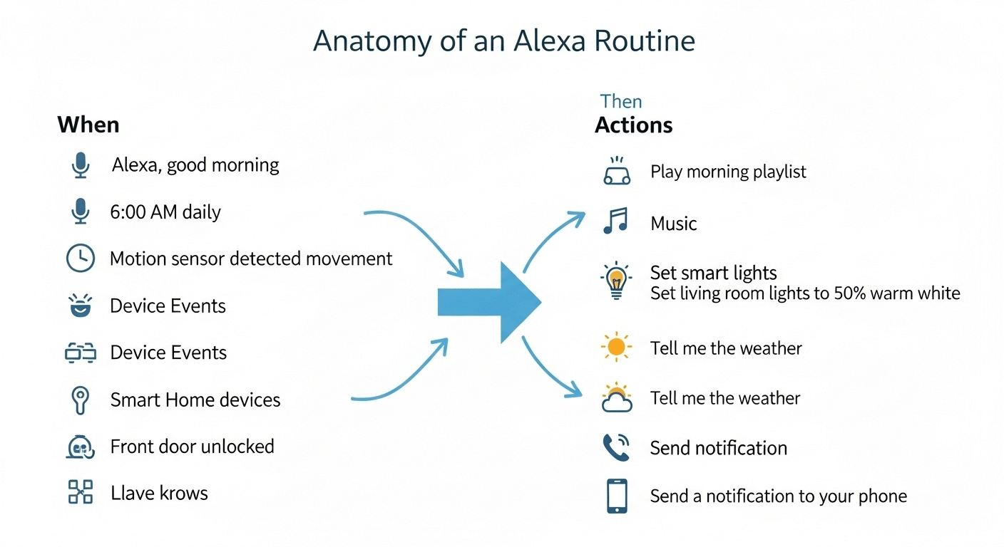 Infografía explicando el concepto de una rutina de Alexa: un activador que desencadena una o más acciones