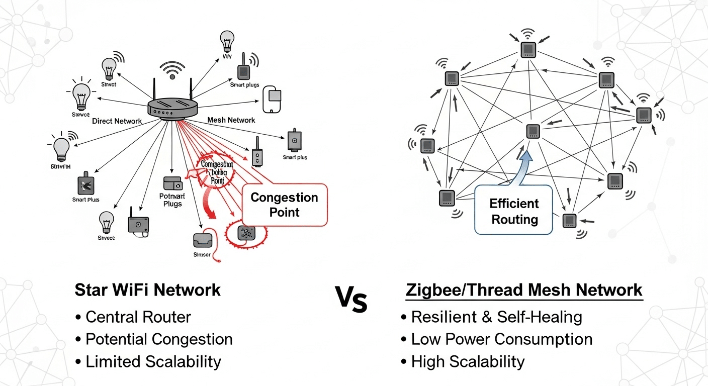 Diagrama comparando una red WiFi congestionada con una red en malla Zigbee o Thread dedicada para domótica