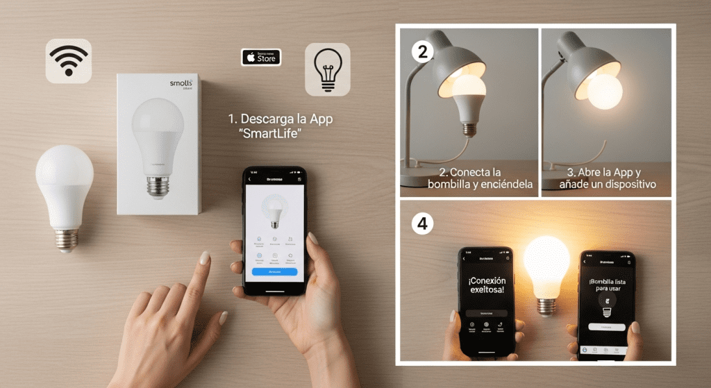Tutorial configuración bombilla inteligente WiFi sin hub paso a paso app móvil
