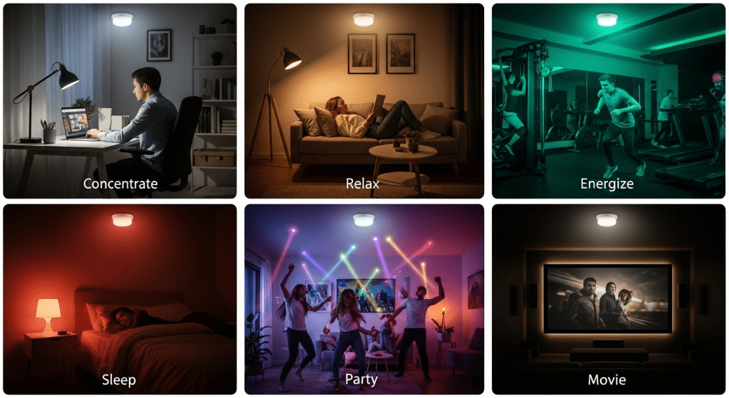 Escenas bombillas inteligentes concentrate relax energize sleep party movie