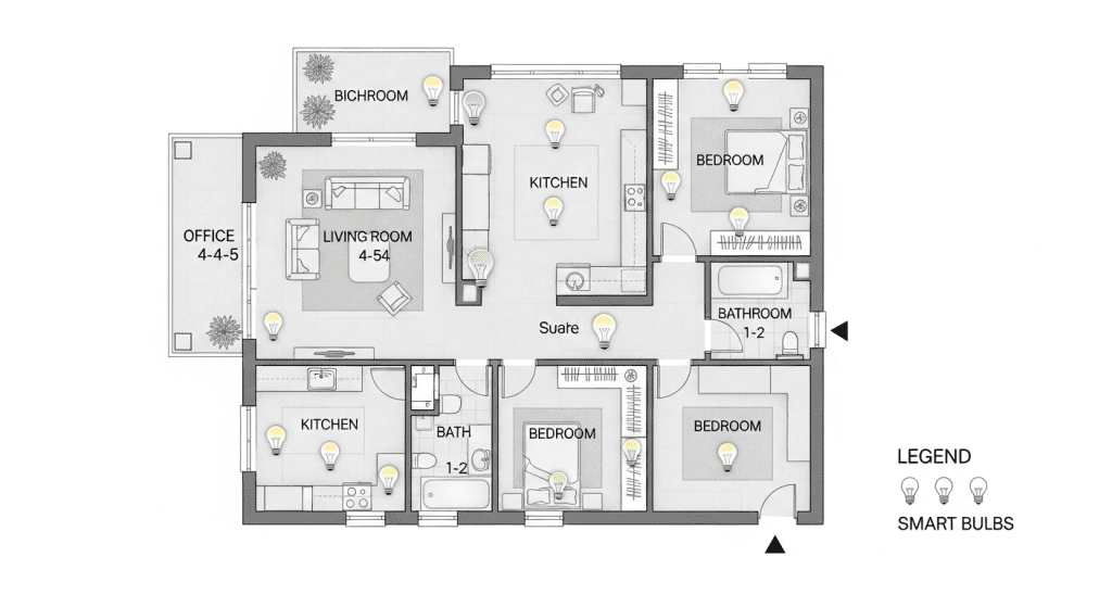 Distribución bombillas inteligentes casa plano habitaciones recomendación cantidad