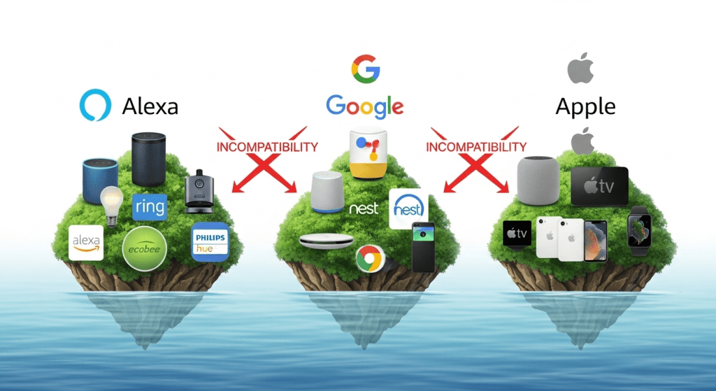 Diagrama mostrando la división y el caos entre los ecosistemas de Alexa, Google Home y Apple HomeKit antes de Matter
