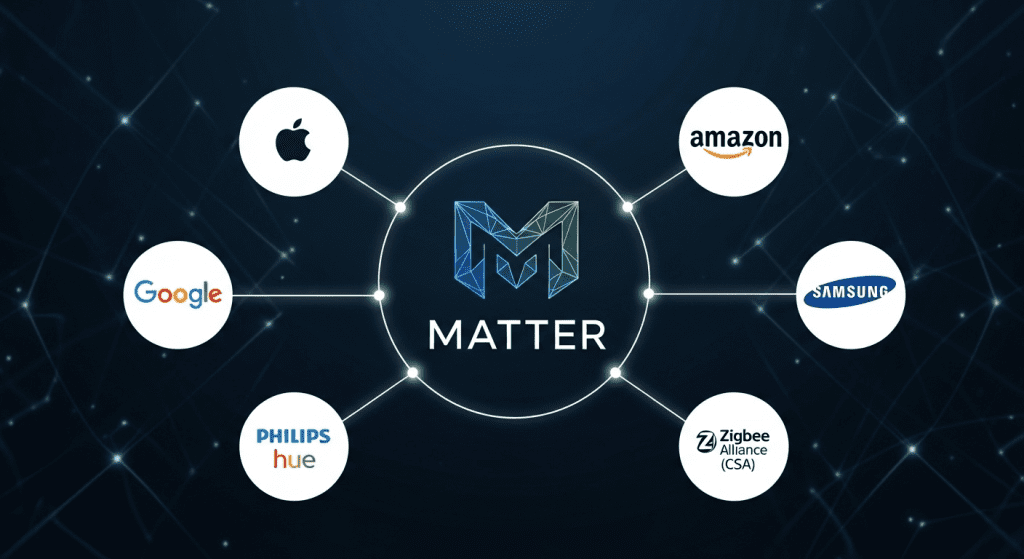 Logos de Apple, Amazon, Google y Samsung unidos bajo el logo del protocolo Matter, mostrando la colaboración de la industria