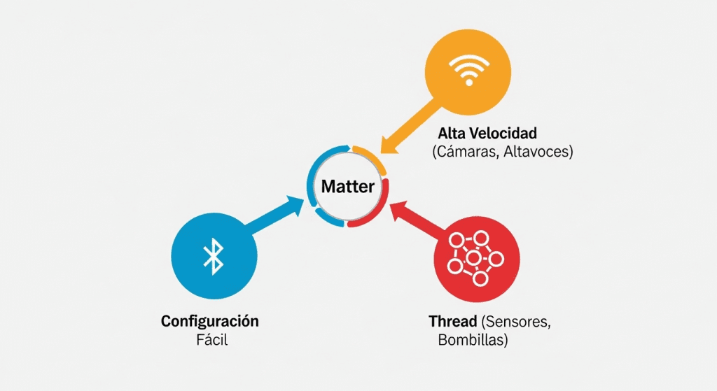 Infografía explicando cómo funciona Matter con los protocolos de red WiFi, Thread y Bluetooth LE.