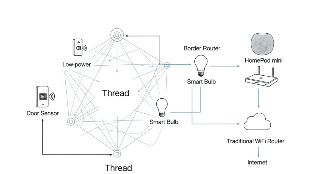 Diagrama de una red Thread en malla mostrando cómo los dispositivos se interconectan y se conectan a un Router de Borde