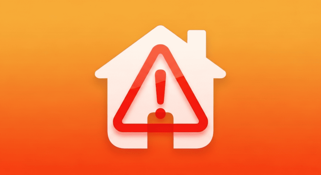 Icono de la app Casa de Apple con un símbolo de advertencia rojo, ilustrando problemas comunes de Apple HomeKit