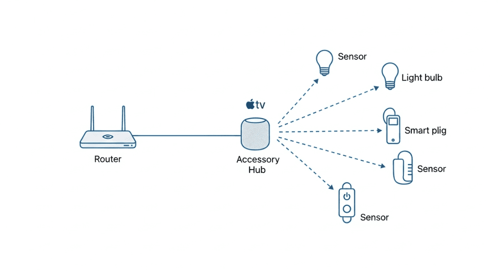 Diagrama de una red WiFi doméstica optimizada para Apple HomeKit, mostrando el router, la central de accesorios y los dispositivos