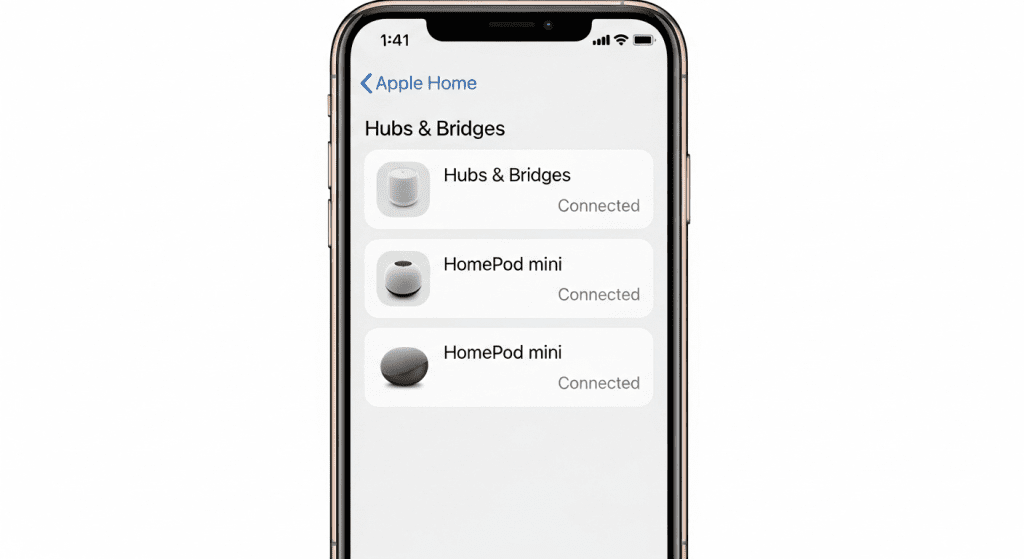 Captura de pantalla de la app Casa de Apple mostrando la sección 'Centrales y puentes' con un HomePod mini como central conectada