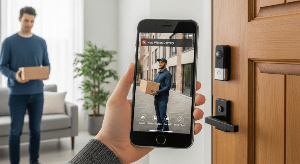 Una persona usando su smartphone para ver y hablar con un repartidor a través de la app de su videoportero WiFi