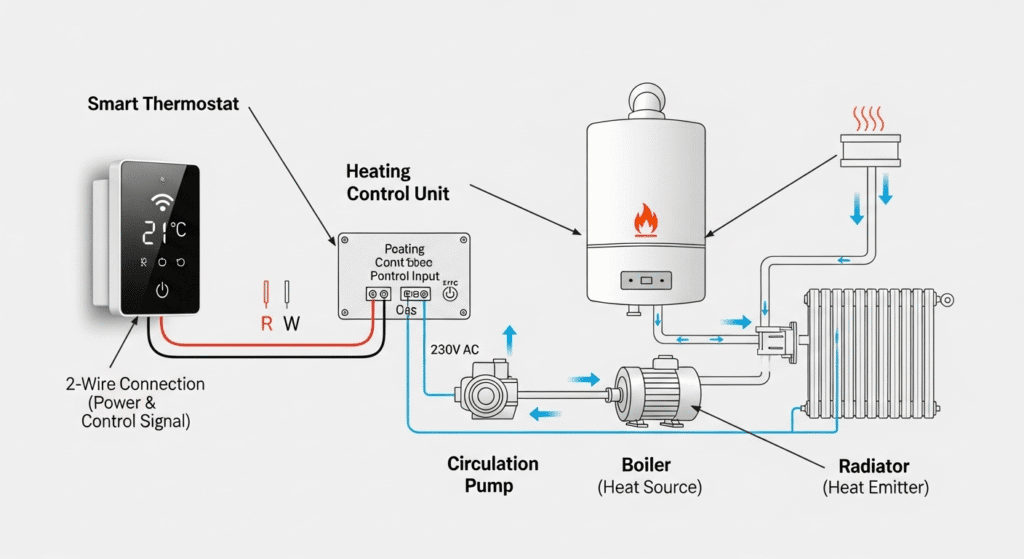 Diagrama explicando el funcionamiento de un termostato inteligente de 2 hilos en un sistema de calefacción central