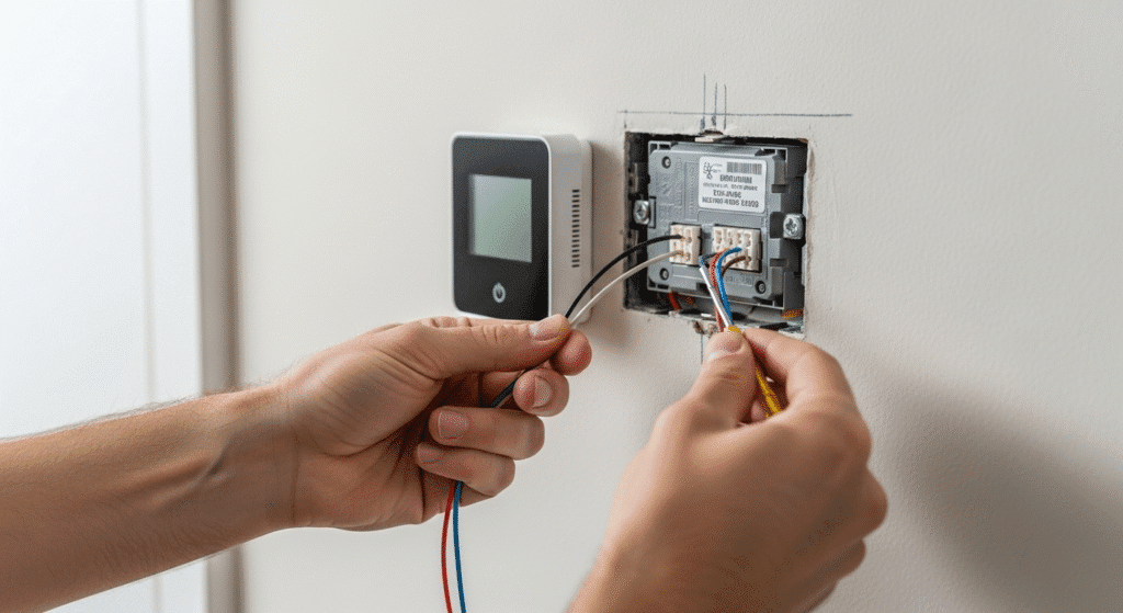 Una persona instalando un termostato inteligente en la pared, conectando los dos hilos del sistema de calefacción central.