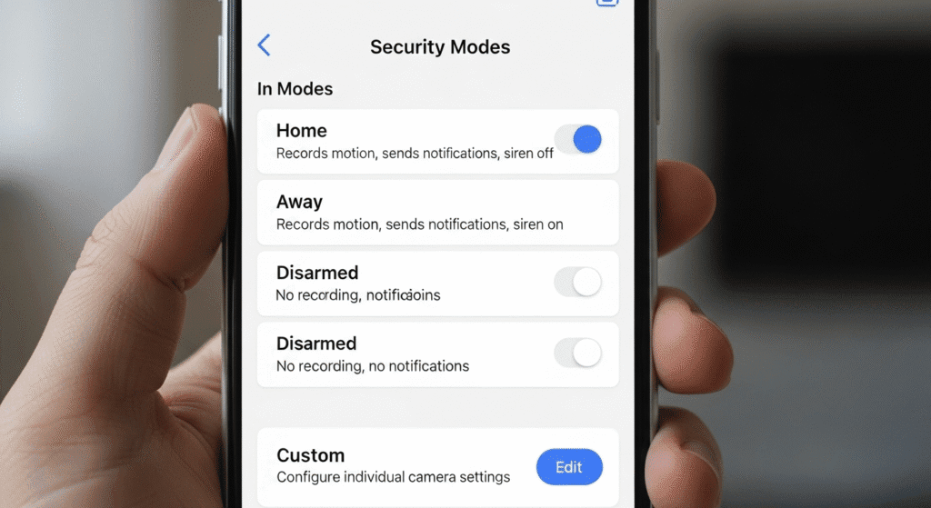 Selector de Modos de Seguridad en la app Eufy Security, la causa principal de los problemas de grabación