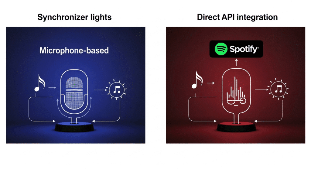 Diagrama comparando la sincronización de luces por micrófono frente a la integración directa por API con Spotify
