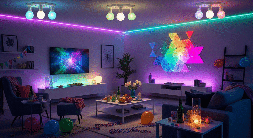 Salón preparado para una fiesta con una combinación de bombillas Philips Hue, tiras LED Govee y paneles Nanoleaf.