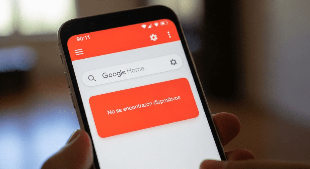 "Google Home no encuentra dispositivos error pantalla aplicación móvil"