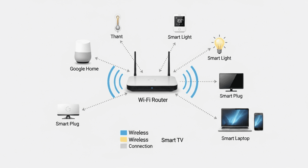 sincronizar dispositivos google home misma red wifi diagrama conexión