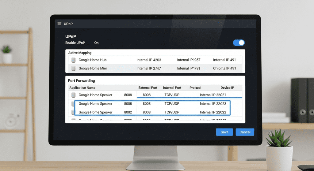 configuración router upnp puertos google home dispositivos domótica red