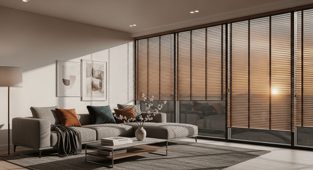 Persianas automáticas bajándose en salón moderno para automatizar persianas