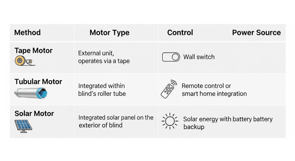 Tabla comparativa métodos automatizar persianas motor cinta interruptor tubular solar