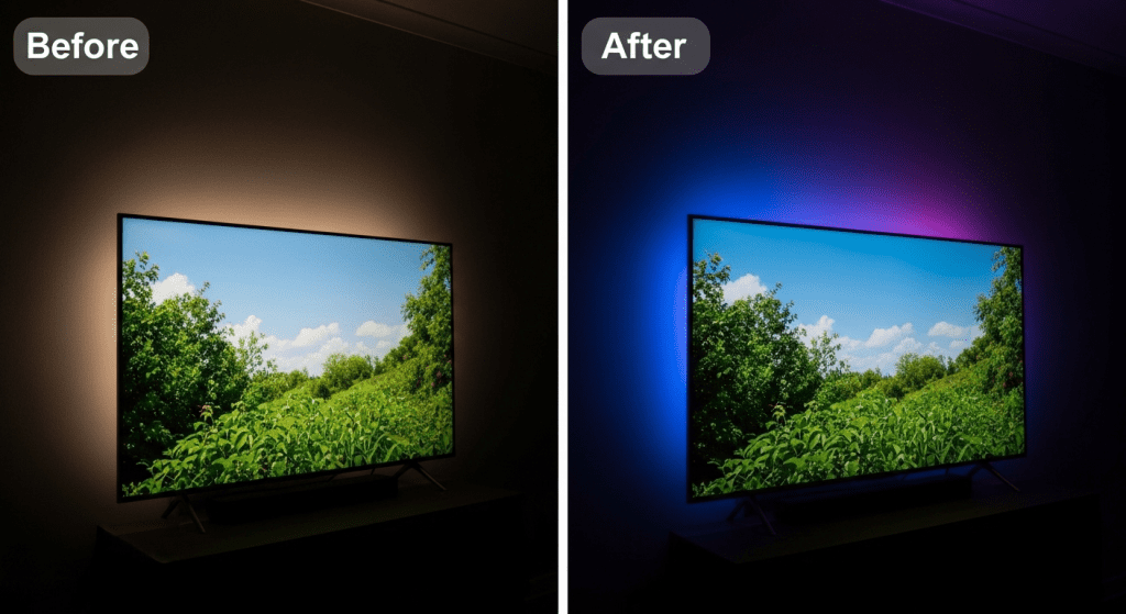 Comparativa antes después instalar tira led tv efecto visual ambilight