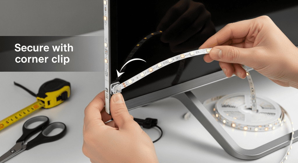 Proceso pegado tira led TV esquinas clips instalar tutorial