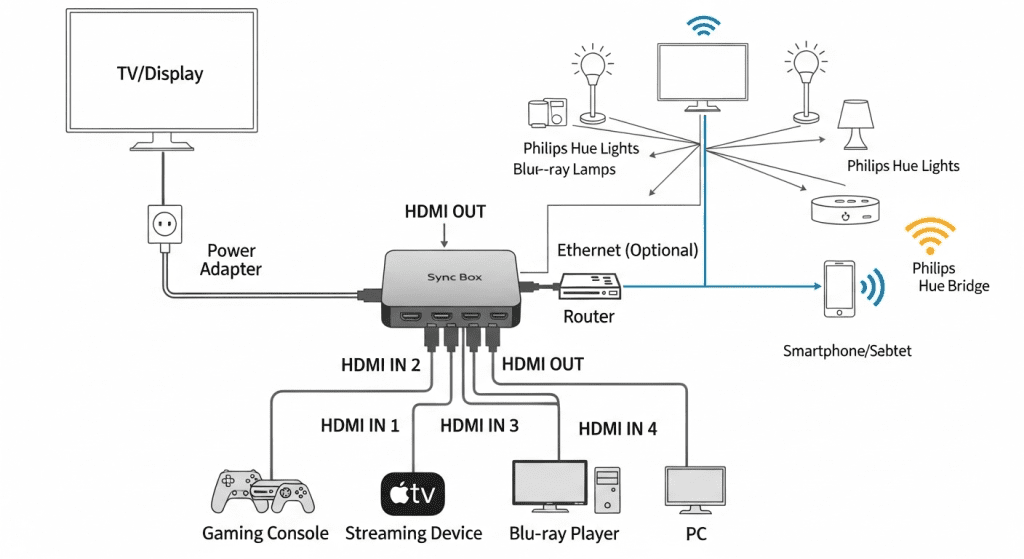 Diagrama conexiones Philips Hue Sync Box HDMI govee vs philips setup