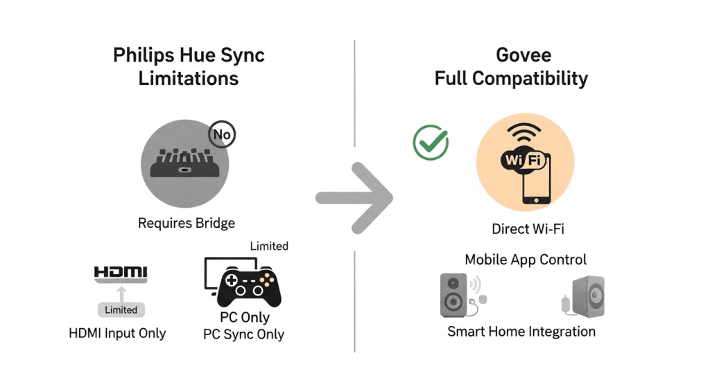 Esquema limitaciones Philips Hue Sync vs compatibilidad total Govee
