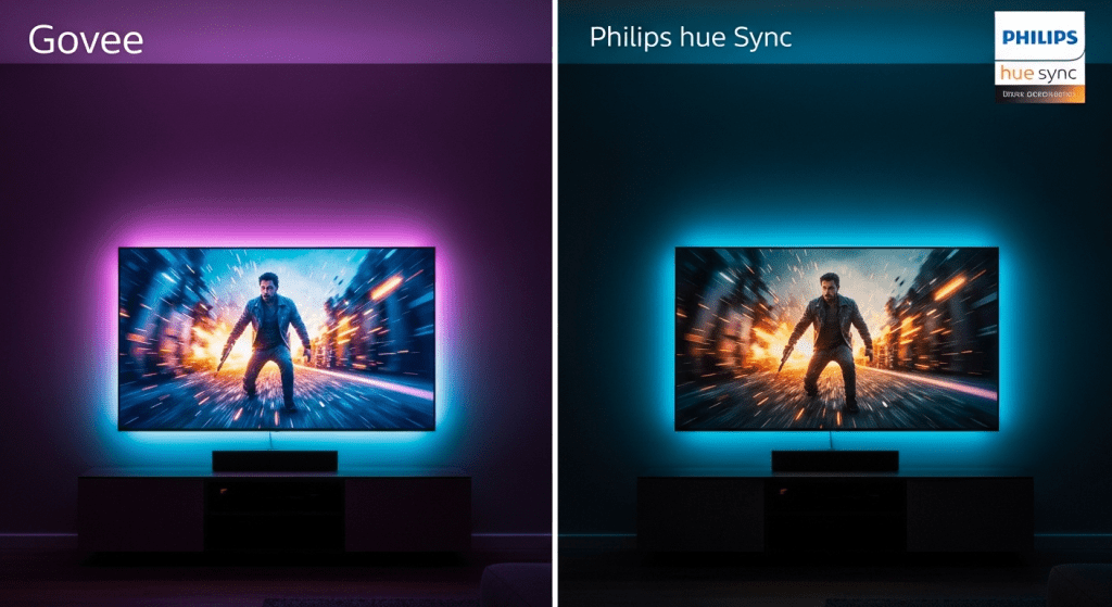 Comparativa final Govee vs Philips Hue Sync sistemas funcionando TV
