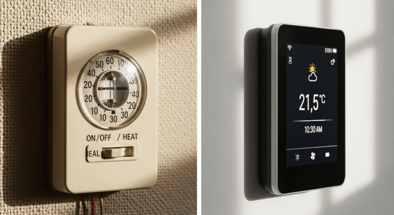 Comparativa de un termostato viejo de calefacción central frente a un moderno termostato inteligente.