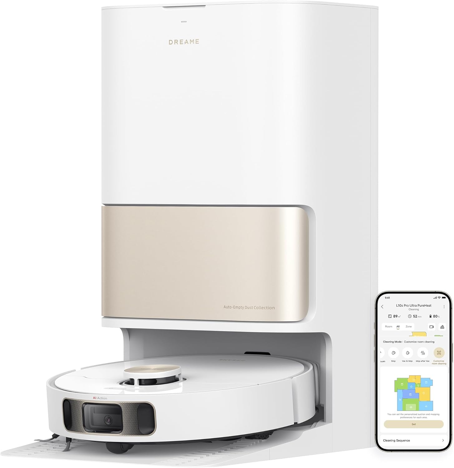 Robot aspirador Dreame L10s Pro Ultra Heat junto a su base, destacando la tecnología de fregado.