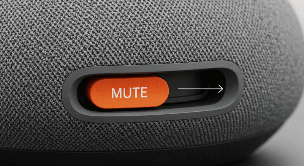 Interruptor del micrófono de un Google Nest Mini en posición de silencio, indicado por el color naranja.