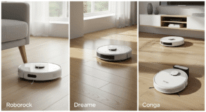 ollage de los mejores robots aspiradores calidad-precio de 2025, mostrando los modelos de Roborock, Dreame y Cecotec Conga.