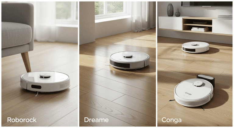 ollage de los mejores robots aspiradores calidad-precio de 2025, mostrando los modelos de Roborock, Dreame y Cecotec Conga.