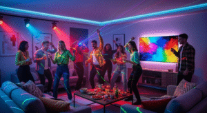 Salón con luces inteligentes de colores sincronizadas con la música para crear un ambiente de fiesta.